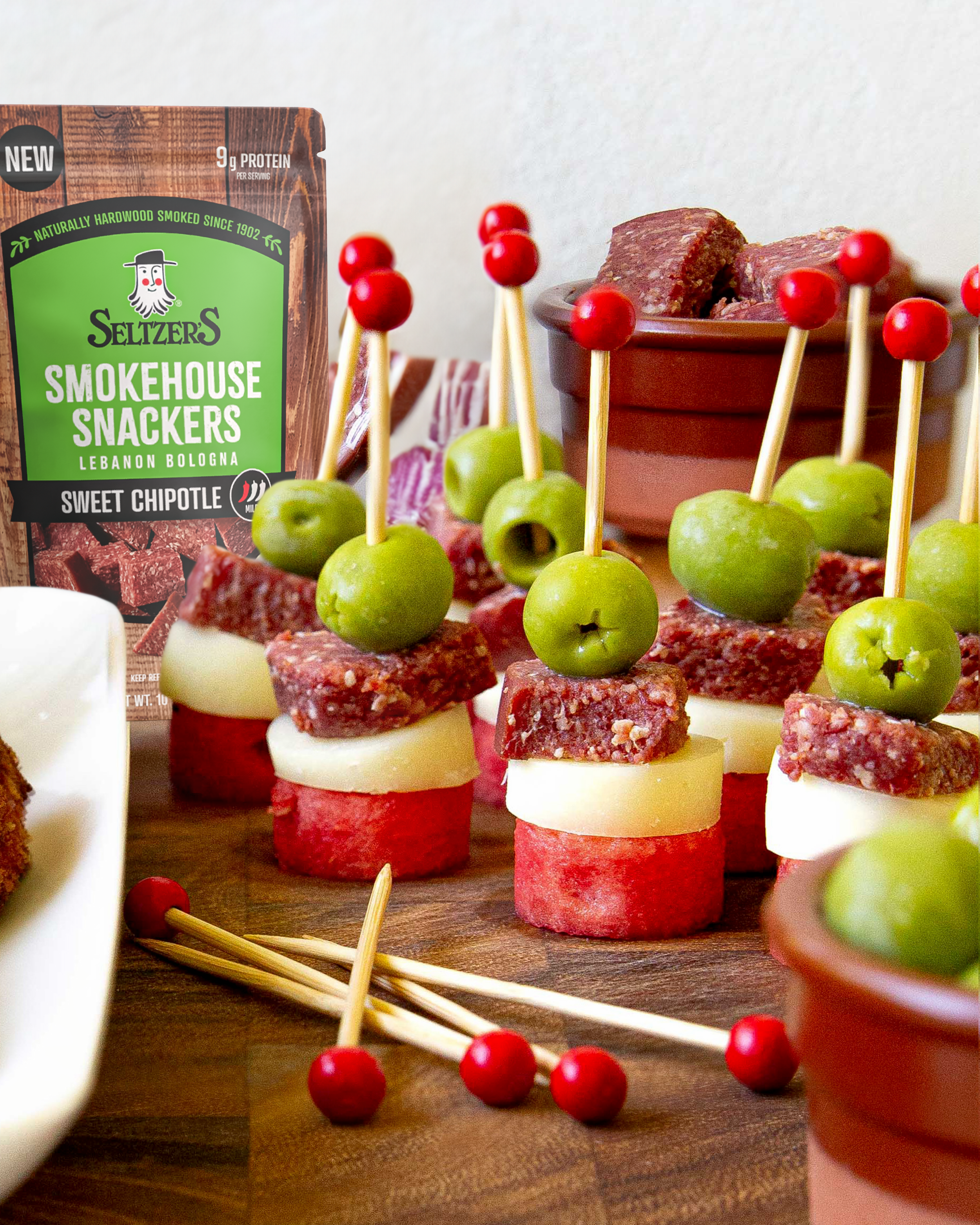 Watermelon, Manchego, and Bologna Skewers